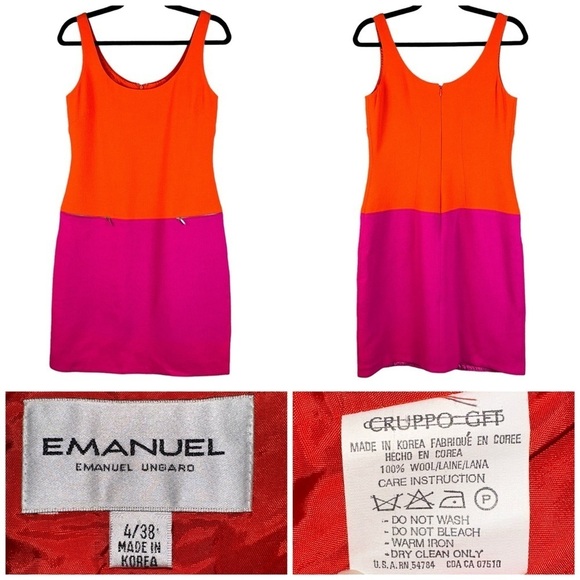 Emanuel Ungaro Dress Womens 4 Orange Pink Wool ColorBlock Shift A-Line - Picture 7 of 12